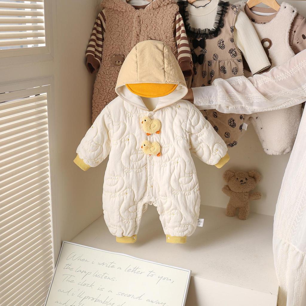 Cozy Fleece-Lined Winter Hooded Romper for Baby Boys & Girls - Thick Outdoor Wear for Infants
