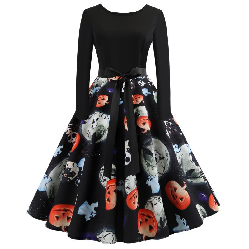 Women's Vintage Festival Long A-line Skirt Printed Round Neck Long Sleeve Swing Dress