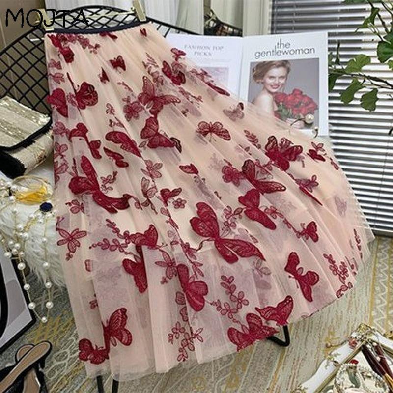Women Spring Autumn Boho Lace Crochet Skirt Stretch High Waist Women Embroidery A-Line Skirt Women Beach Pleated Skirt