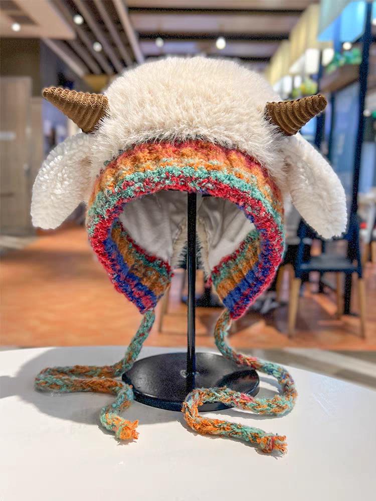 

Женская уютная плюшевая флисовая шапка с защитой ушей в виде рогов ягненка One Size