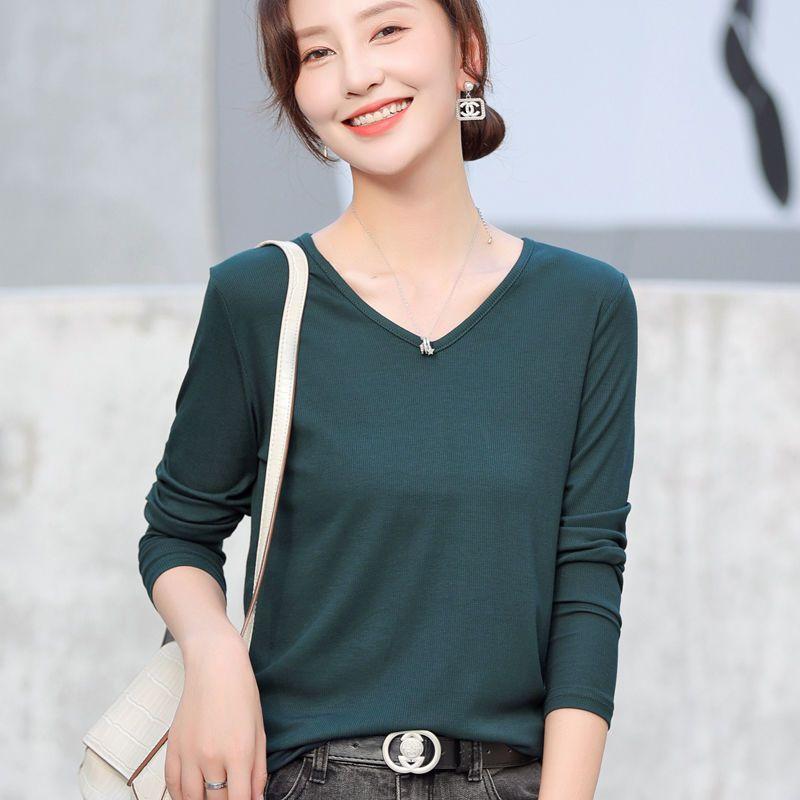 Spring Autumn Women Solid Basic Bottoming T-shirt Female Clothing Fashion Casual Modal Knitted V-Neck Versatile Long Sleeve Top