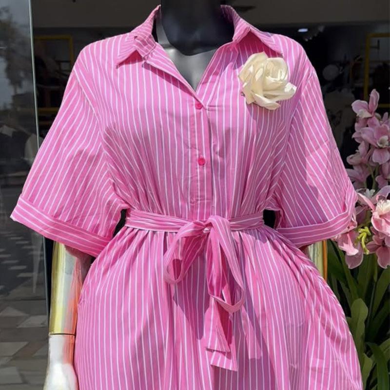 European and American Women's Clothing Spring New Fashion Lapel Tie Pink Striped Short-sleeved Shirt Dress