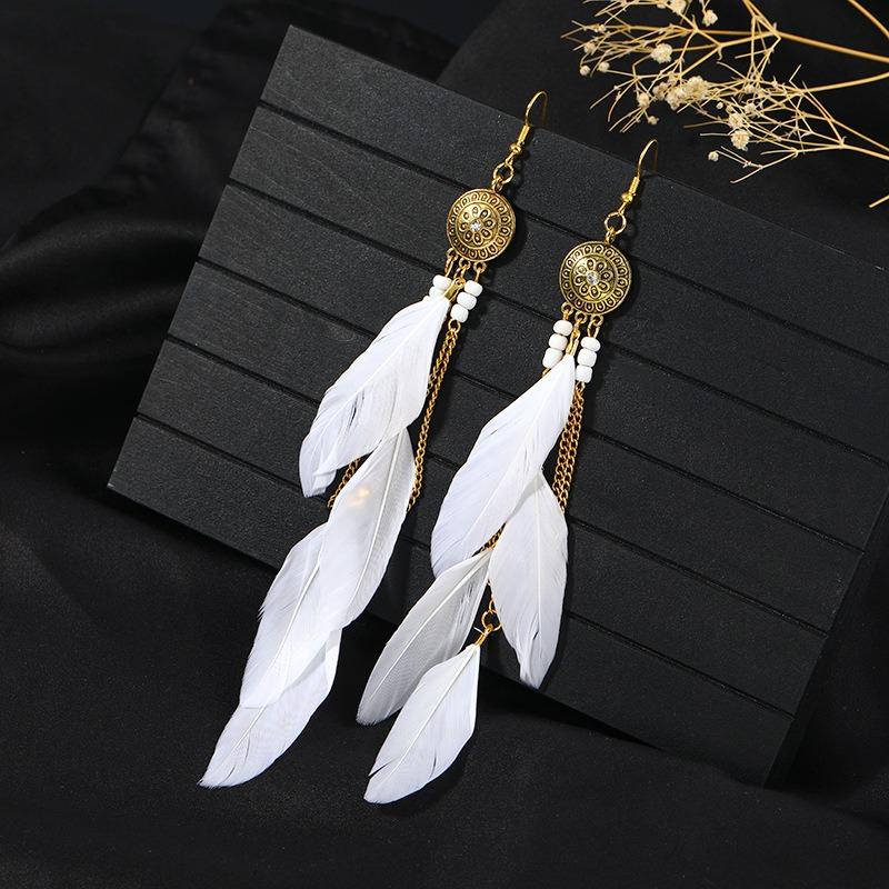 Retro Feather Fringed Earrings Women's Niche Personality Bohemian Blue Long Yunnan Travel Photography Earrings