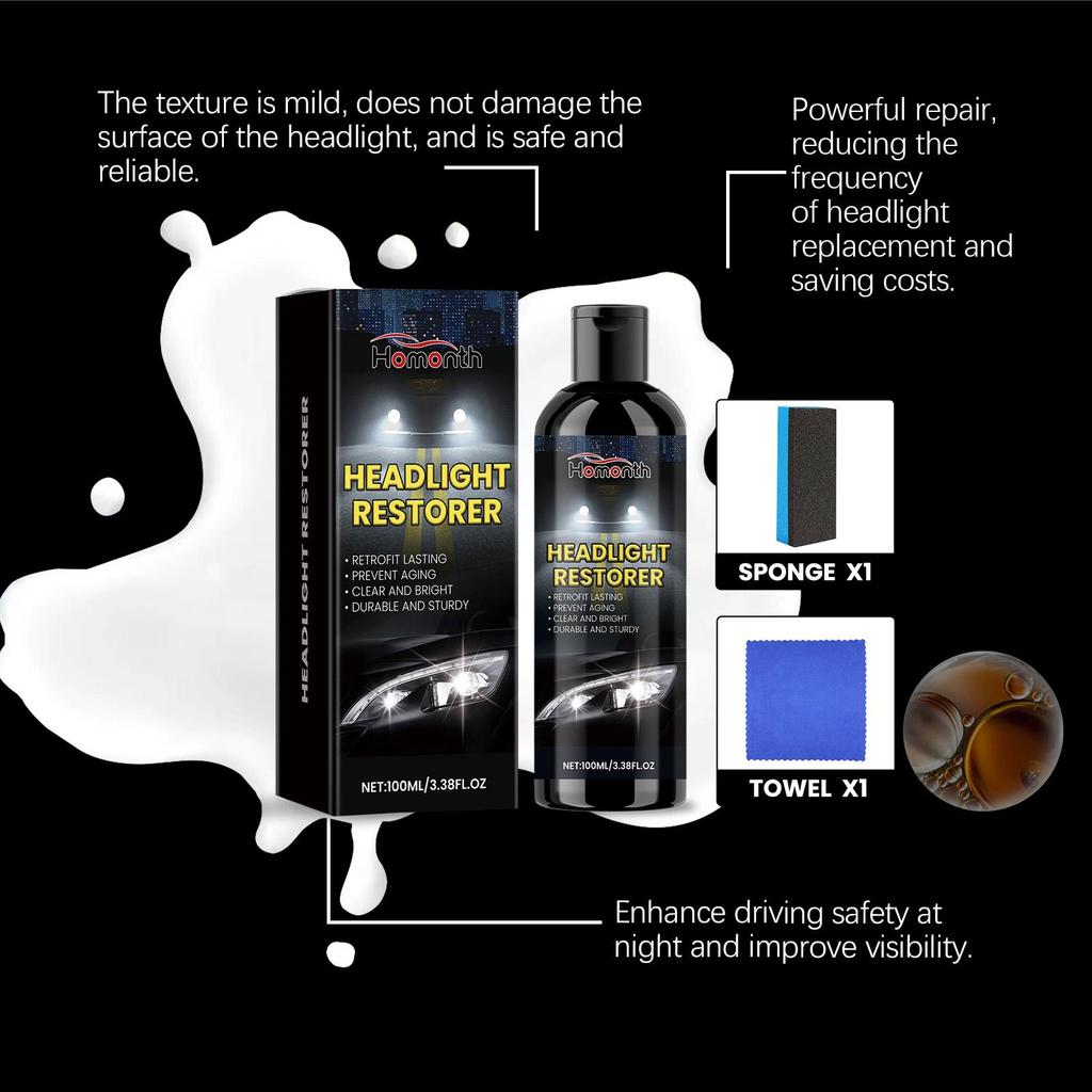 Homonth Car Headlight Restoration Liquid, Headlight Scratch Removal Agent, Car Headlight Polishing and Restoration Cleaning Kit 1 Set