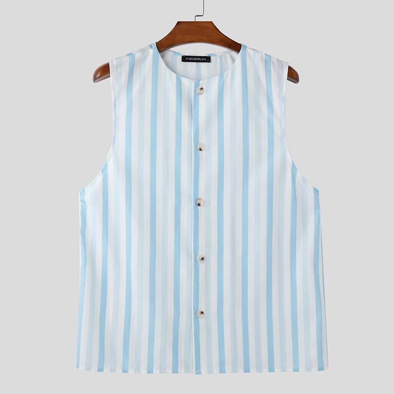

INCERUN Summer Men Collarless Sleeveless Striped Print Buttons Up Casual Tank Tops T-shirts 5XL синій