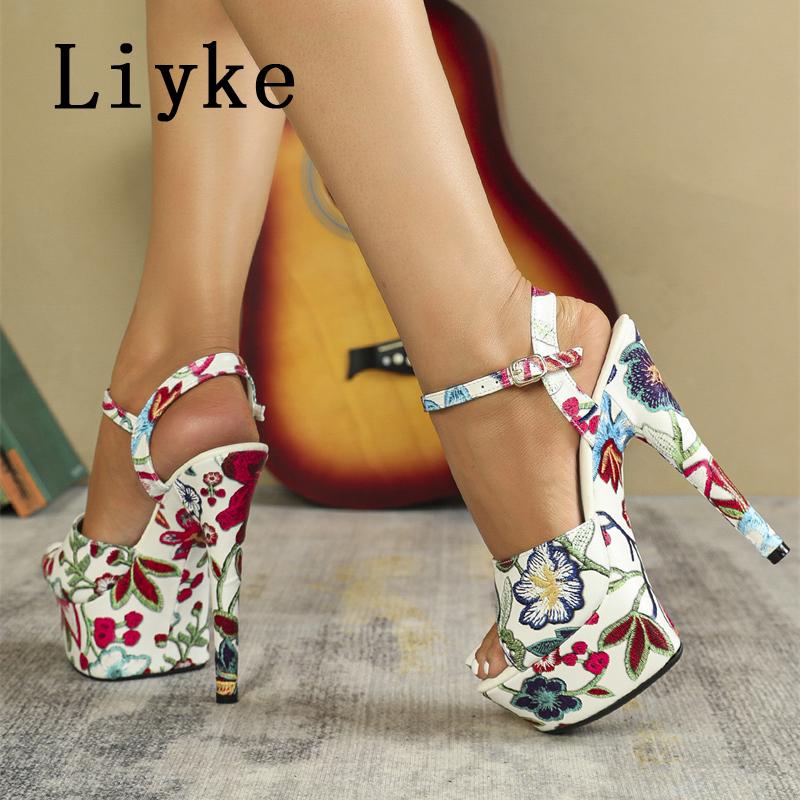 Fashion Liyke Markendesign Blumenmuster Leder Plateau Sandalen Damen Sexy Peeptoe 13CM Super High Heels Stiletto Party Bankettschuhe