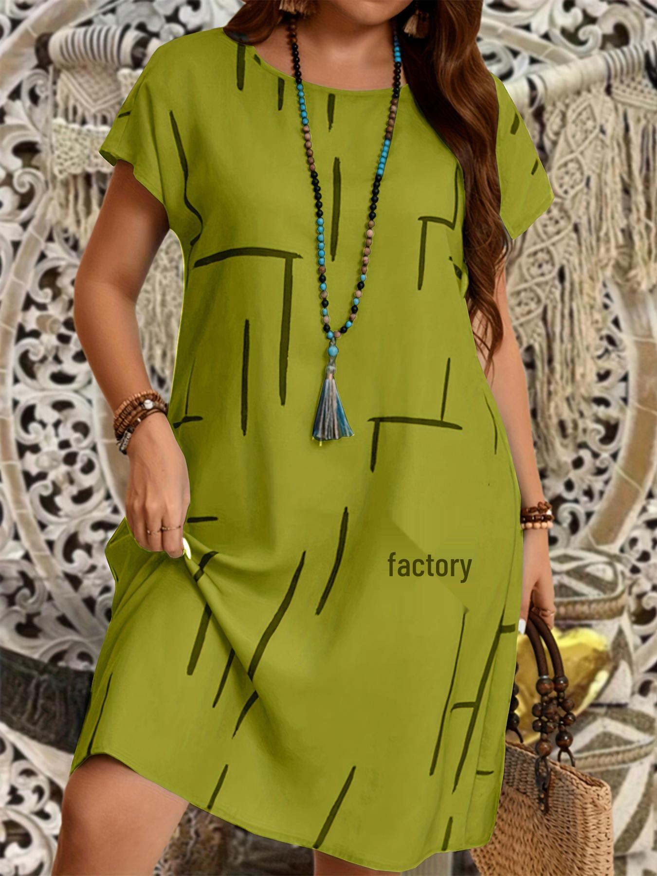 Damen Plus Size Gestreiftes Lässiges Kleid, Rundhalsausschnitt, Kurze Ärmel, Extra Groß. 1XL fluoreszierende grün