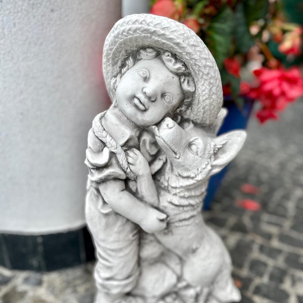 Concrete Sculpture of a Boy with a Dog Gray Garden Figure