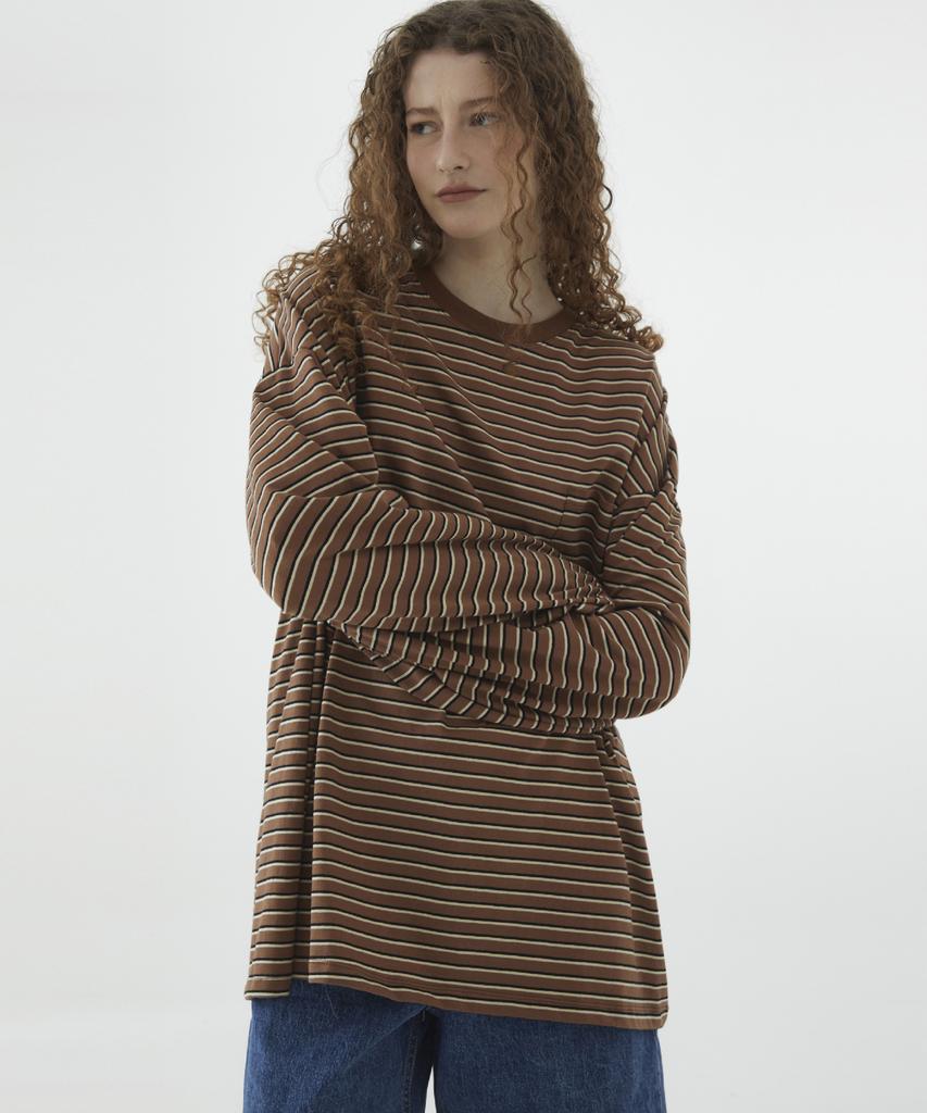 Baniswimeonteu Pocket Stripe Supersize Long Sleeve T-Shirt_Brown