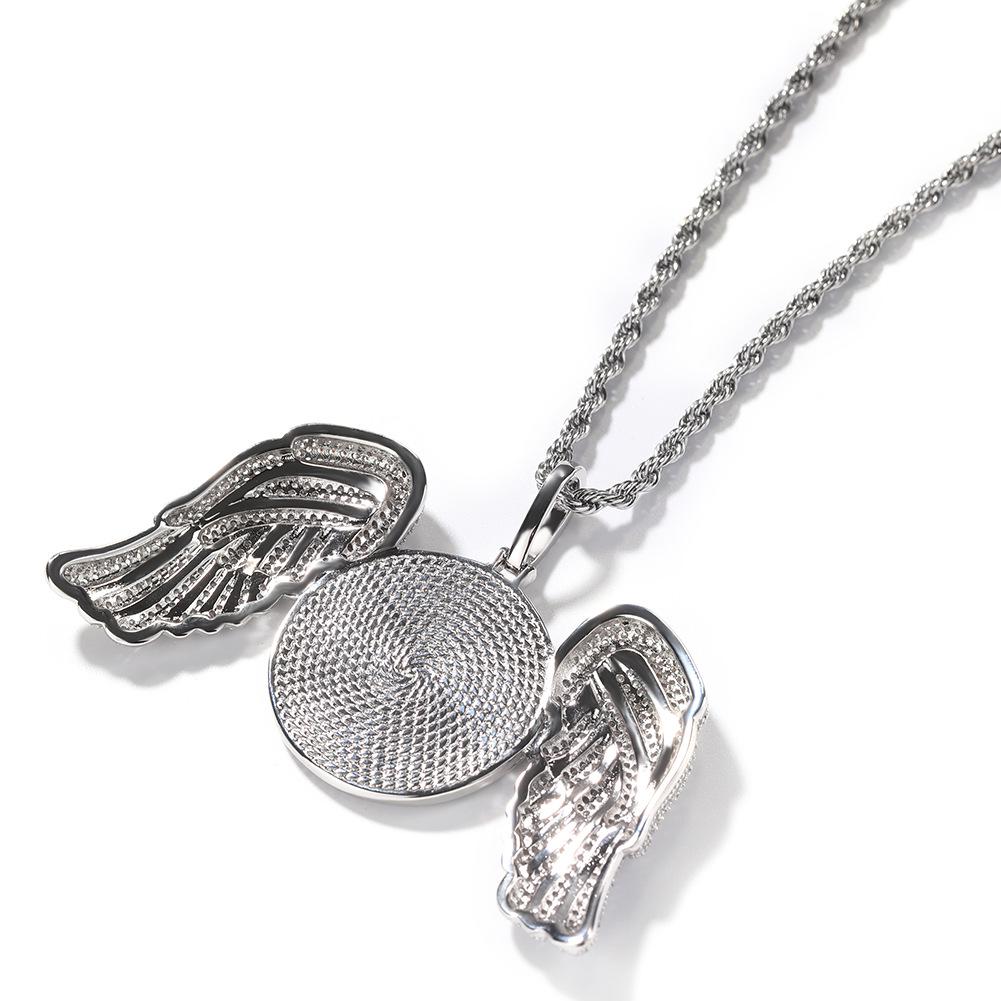Cross-Style Rhinestone Wing Photo Frame Pendant Necklace - European American Hip Hop Fashion