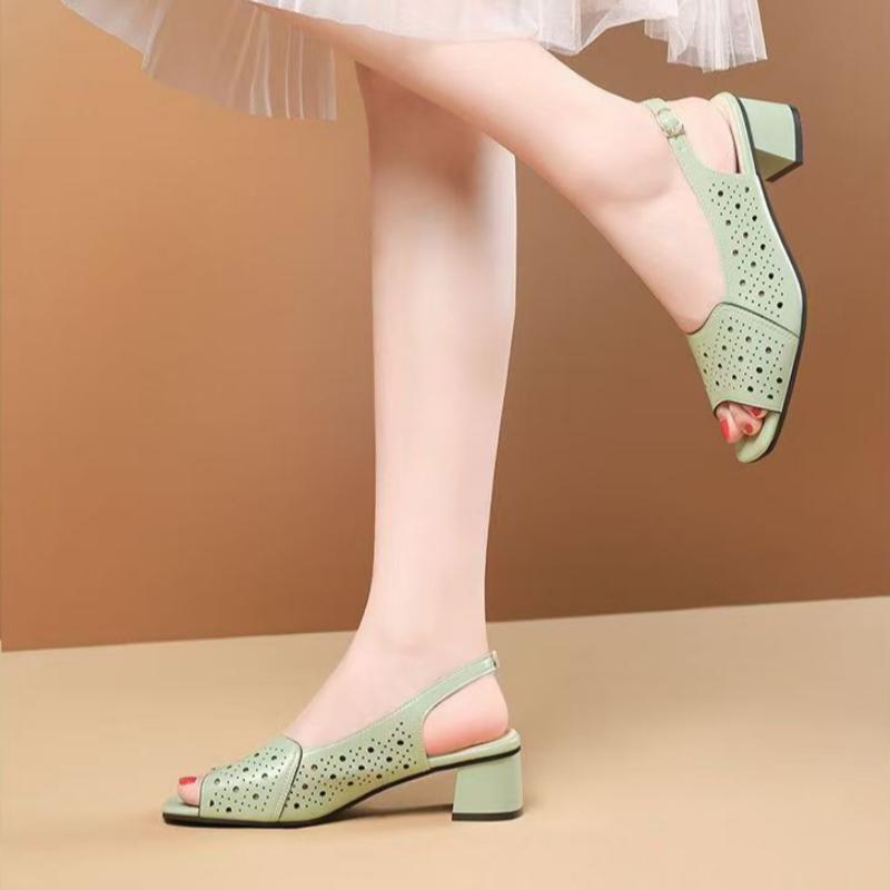 Versatile Thick Heel Fashionable Hollow Fish Mouth Sandals for Women Summer Mid Heel Buckle Sandals