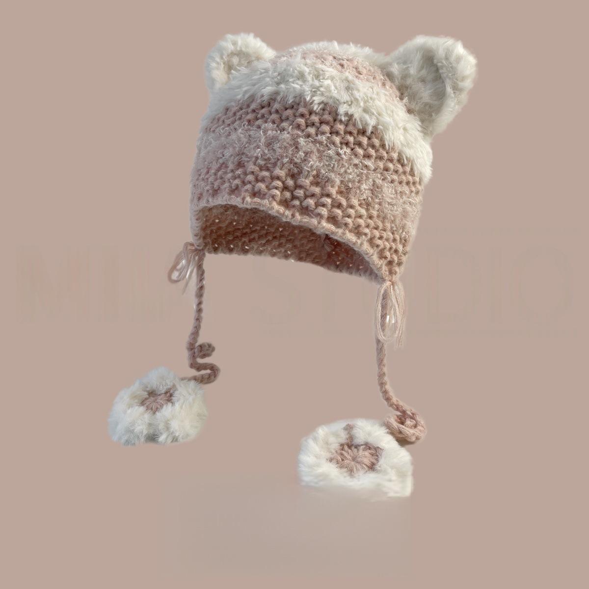 

Japanese Cute Striped Cat Ear Lace Up Lei Feng Hat Autumn and Winter Warm Ear Protection Knitted Beanie Plush Sweet Hat