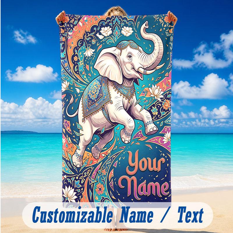 Elephant Theme Beach Towel Personalized Custom Name & Text Soft Quick Dry Beach Towel for Swimming Travel