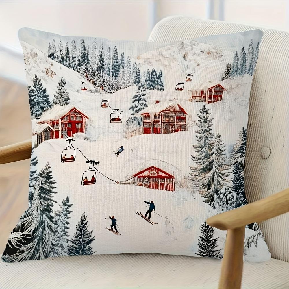 Vintage Ski Resort Pillow Cover Winter Mountain Chalet Print Cozy Skiing Lodge Cushion Case For Sofa Bed Couch Home Decor