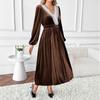 Elegant Velvet Long Sleeve Midi Dress With Lace Panel V-Neck A-Line Womens Winter 2026