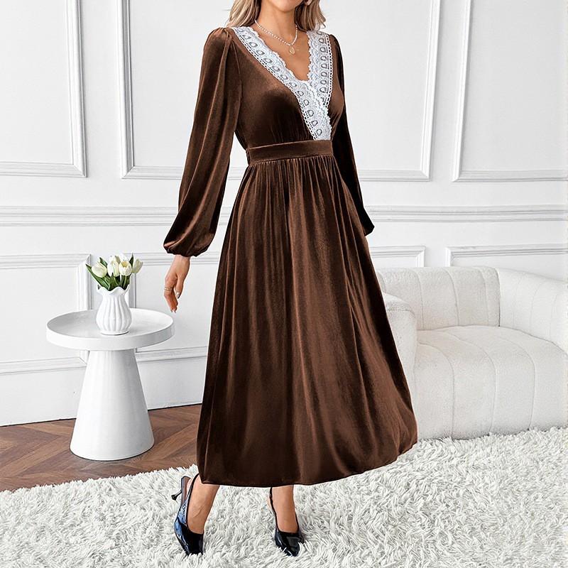 Elegant Velvet Long Sleeve Midi Dress With Lace Panel V-Neck A-Line Womens Winter 2026