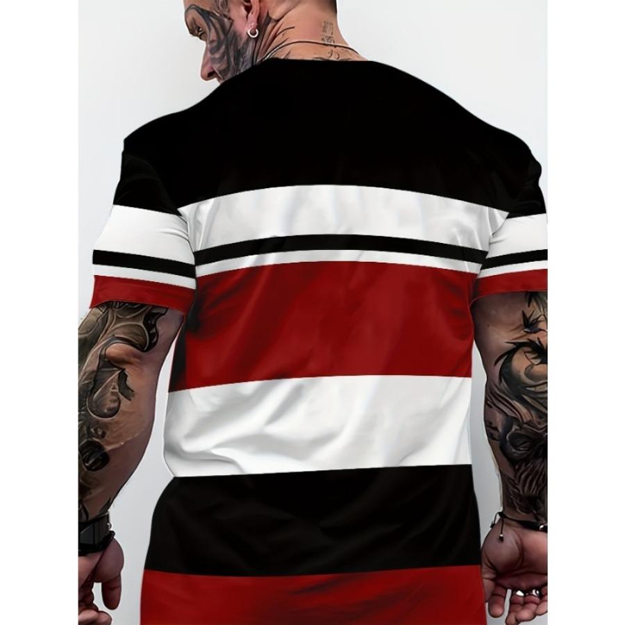 Summer Round Neck 3D Color Block Print Top Fashionable Casual Short Sleeved Men's T-shirts