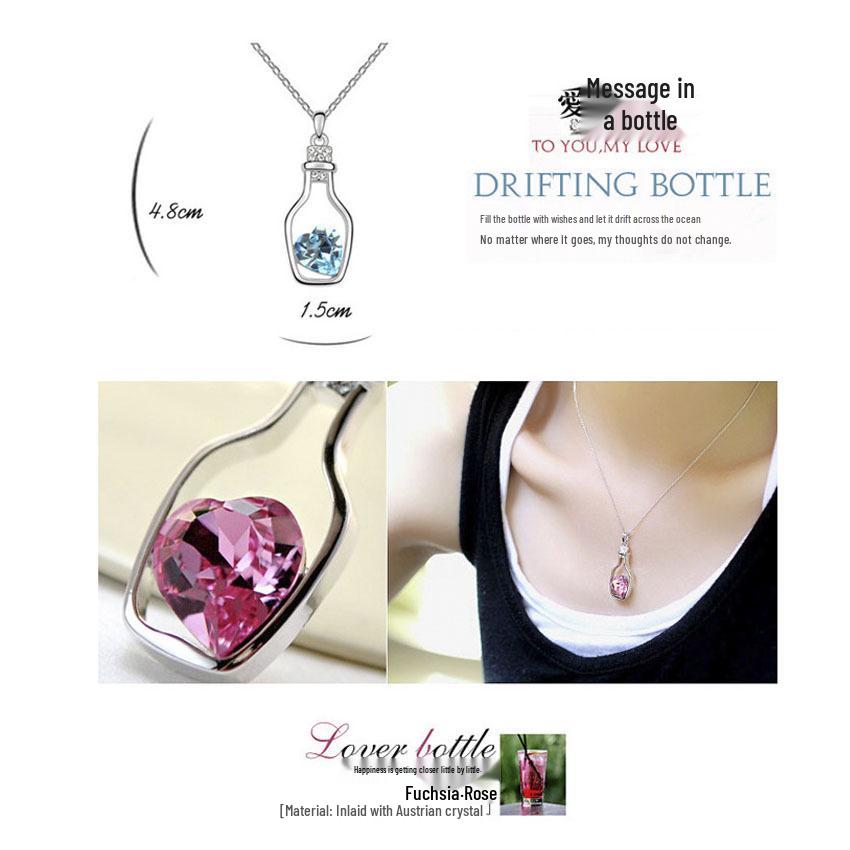 Korean Style Peach Heart Rhinestone Wish Bottle Necklace with Austrian Crystal Pendant