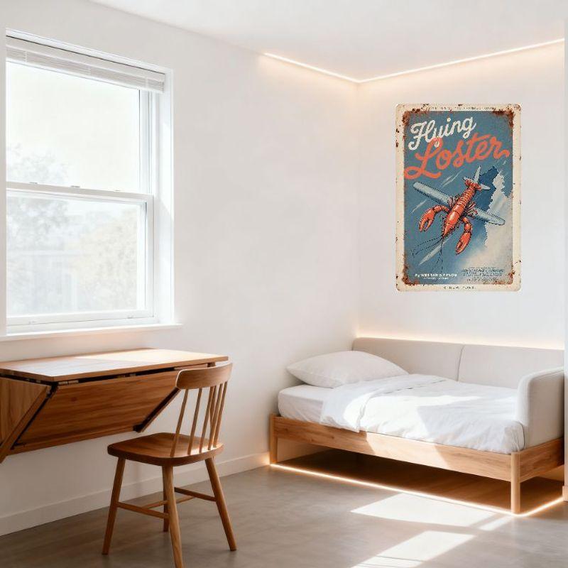 Vintage Flying Lobster Metal Tin Sign, Retro Rusty Metal Plate Wall Decor, Whimsical Lobster Pilot Airplane Art for Bar Pub Home