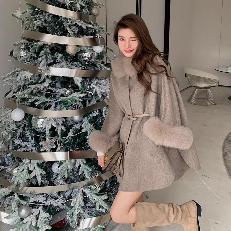 Cape Korean Shawl Wool Coat with Detachable Fur Collar - Women's Small, 2024 Autumn/Winter Fashion