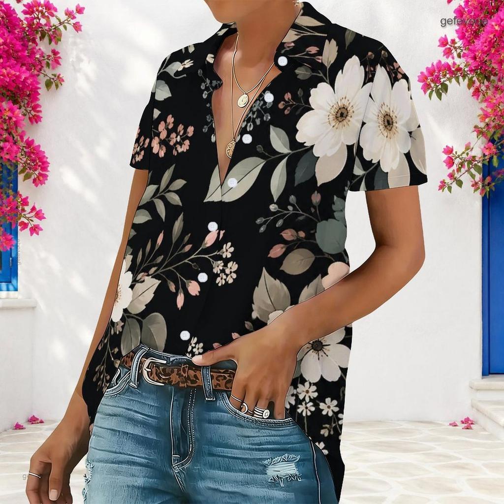 Women Plus Size Collared Neck Short Sleeve Floral Printed Button Front Shirt