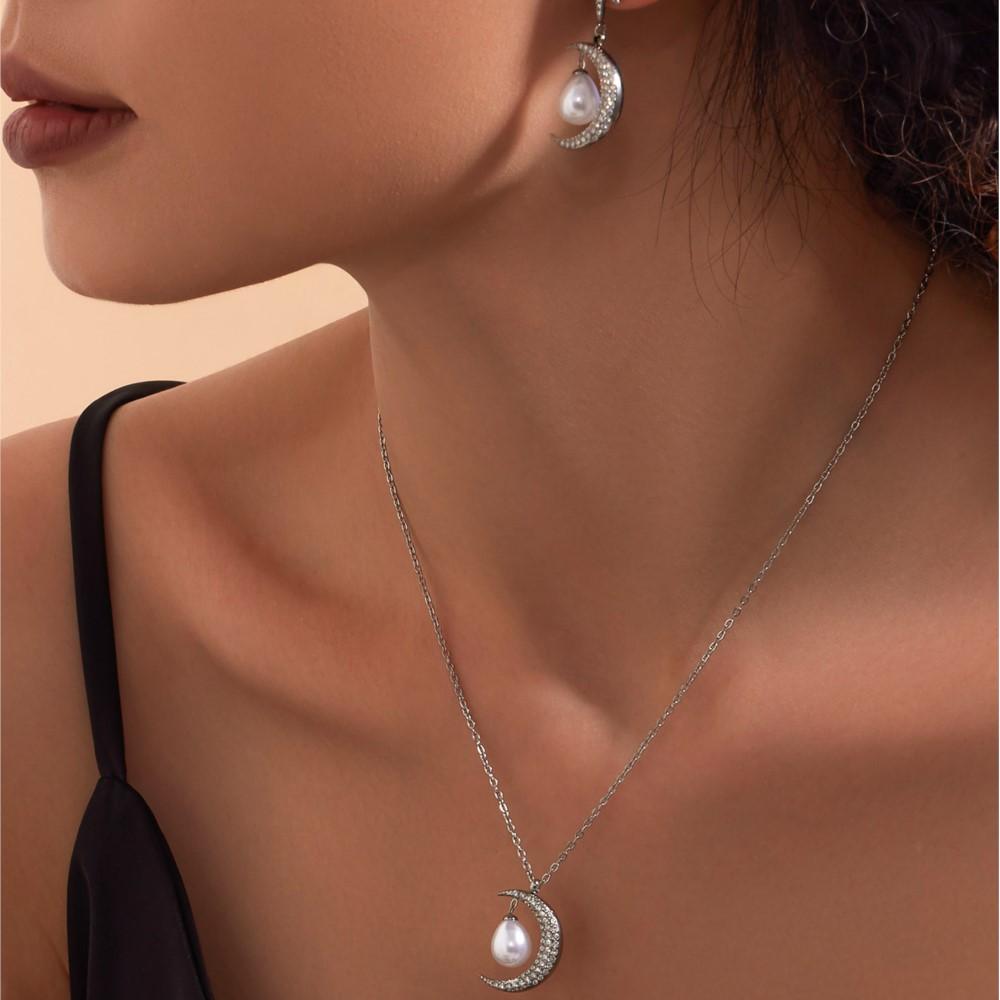Tiny Chain Necklace Matching Earring In Stainless Steel With Zircon Moon Pendant Necklaces Dangle Earrings Jewelry Set For Women