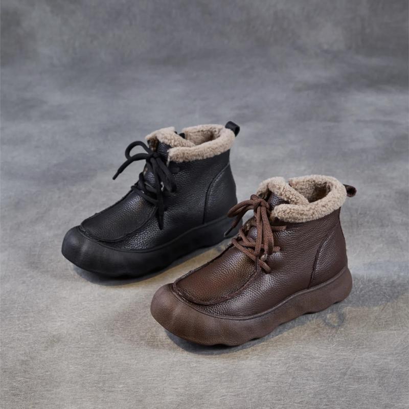 Johnature Retro Boty z pravé kůže Plyšové teplé Dámské kotníkové boty s měkkou podrážkou Kulatá špička Všestranné bavlněné boty