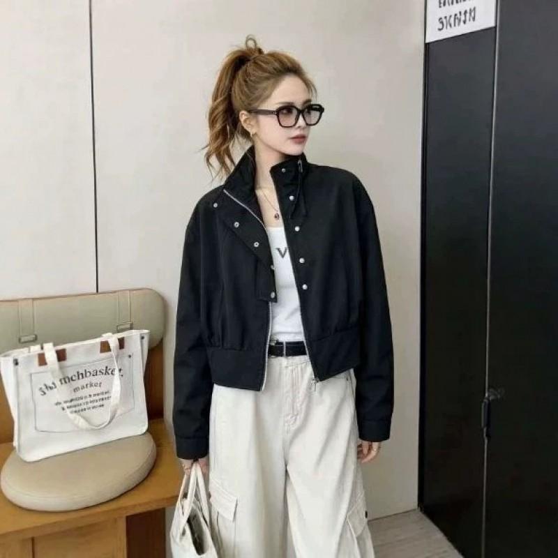 Womens Stand Collar Zip-Up Short Utility Jacket 2026 Korean Style Loose Fit Casual Outerwear