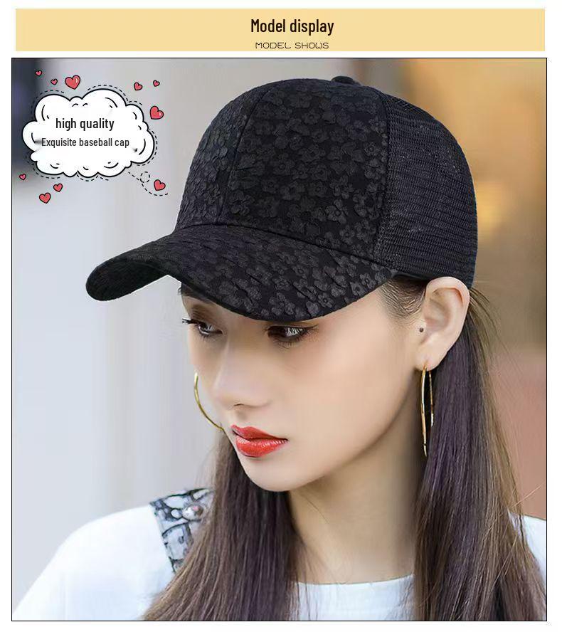 Women's Stylish Sun Protection Cap with Pleated Flowers - Versatile Spring/Summer Duckbill Mesh Design