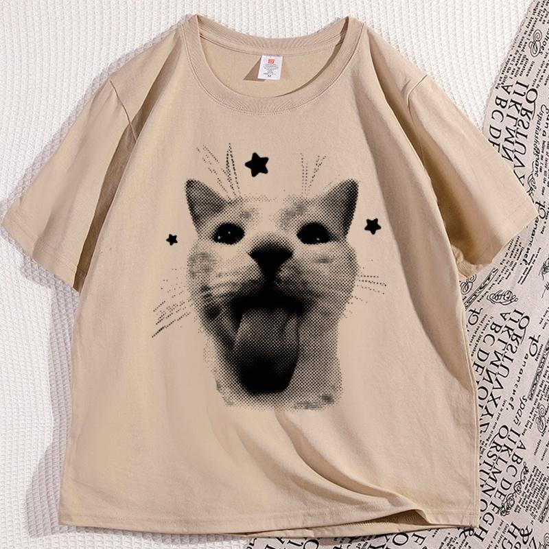 Funny Y2k Cat Tshirt Cool Silly Cats Tee 90s Retro Kitten Vintage Graphic T Shirts Casual Cotton Short Sleeve Round Neck Tees