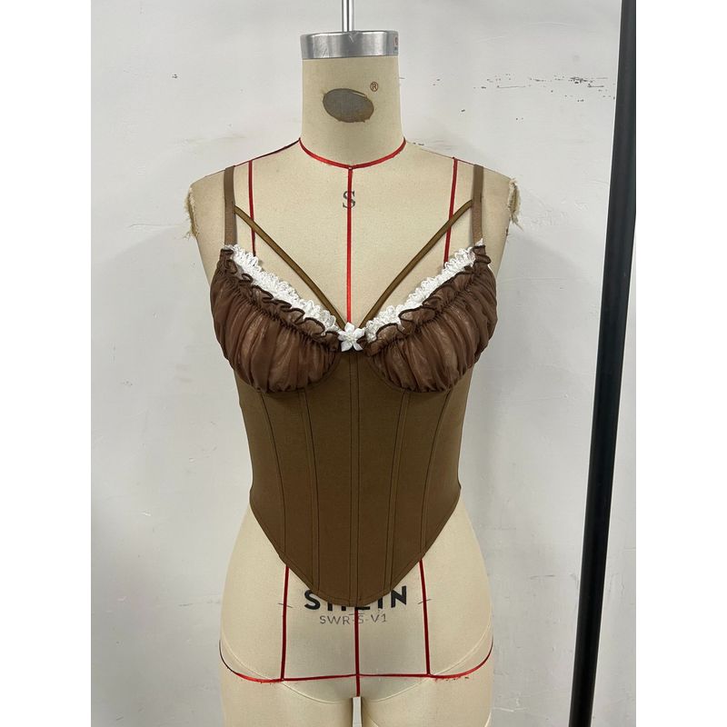 

Fashion Style Sexy Sexy Lace Patchwork Fishbone Corset Female 2024 Summer New Arrival Slim Fit Slimming Spaghetti Straps Tops Brown L
