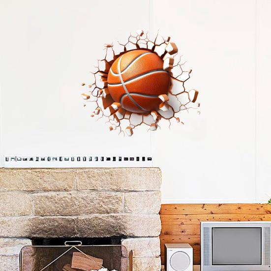 3D Basketball Wall Sticker Basketball Break Through The Wall Decor Self Adhesive Removable Wall Decal for Boys Bedroom Living Room Decor