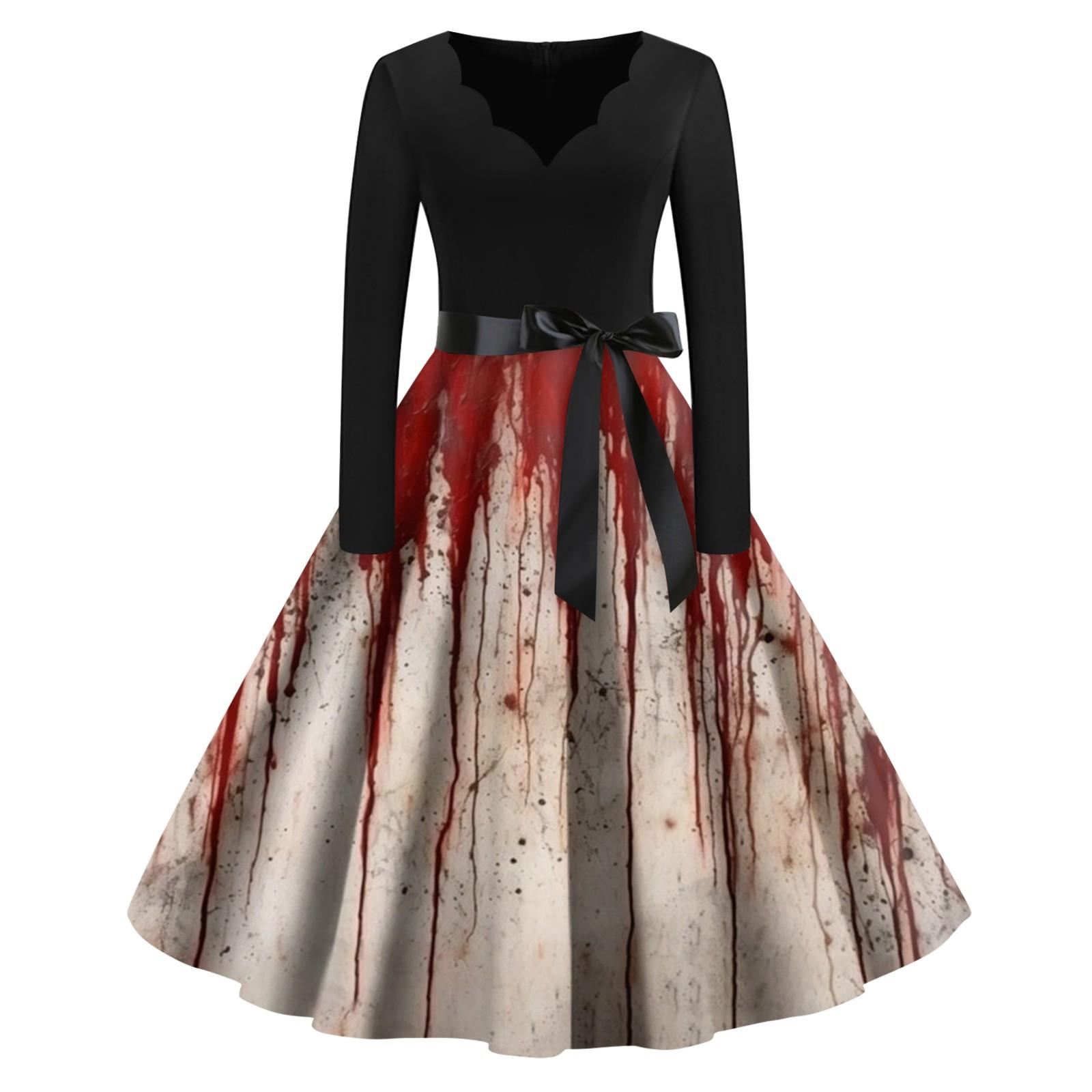Women s Vintage Dress Neck Waist Tie Long Sleeves Halloween Print V Neck Swing Dress M