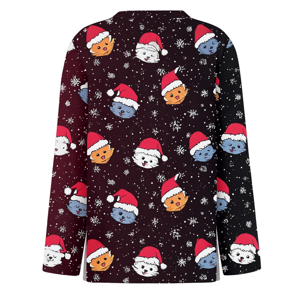 Women's Fashion Casual Slit Hem Round Neck Long Sleeve Loose Christmas Printed T-Shirt Ladies Top