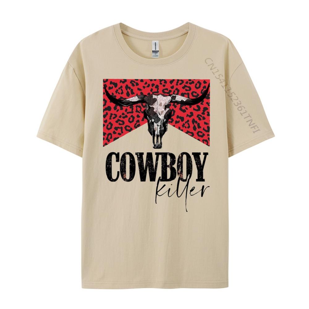 Western Cowgirl Leopard Punchy Cowboy Killers Bull Horn Funny T Shirts Unisex Clothes Gift Tee Cotton Short Sleeve