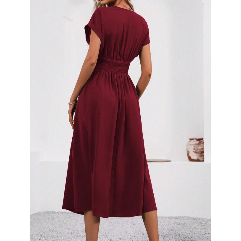 New Women's Elegant Solid Color Batwing Sleeve Maxi Dress, Overlap V-Neck Waist Pleated Long Dress for Summer Casual & Formal Occasions