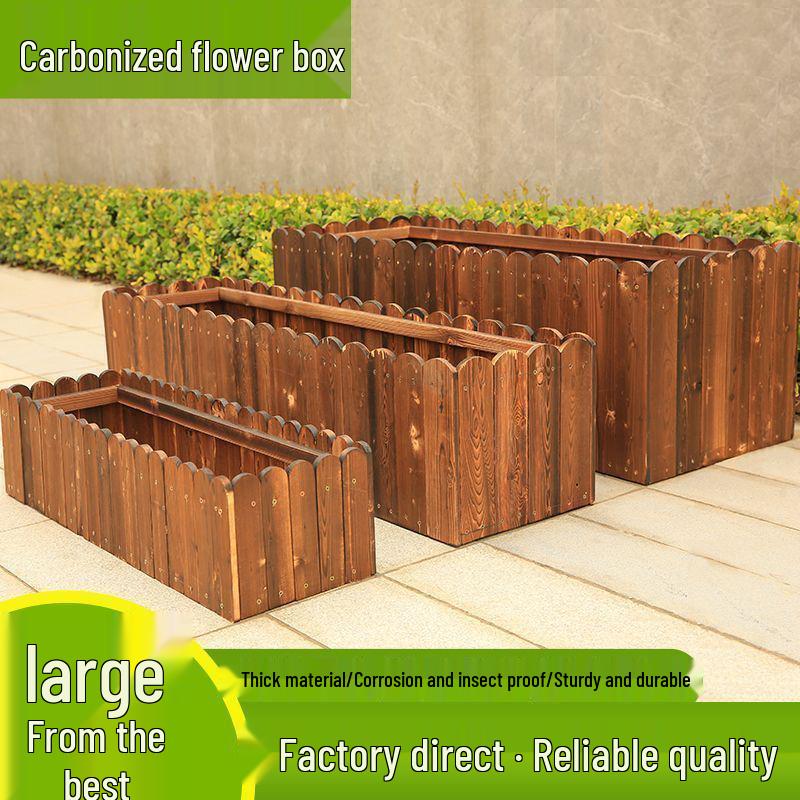 Carbonized Wood Planter Box: Anti-Corrosion, Thickened, Rectangular, Ideal for Flowers & Vegetables on Balcony or Courtyard.