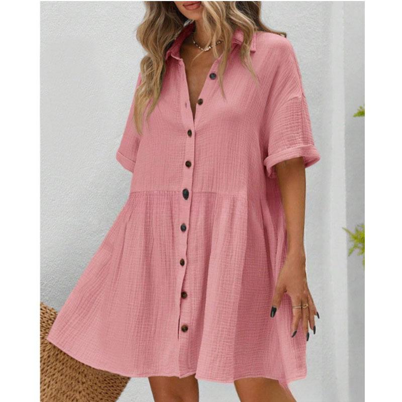 

Женское повседневное платье-рубашка с отложным воротником, короткими рукавами, А-силуэта, свободного кроя, разных цветов S розовый