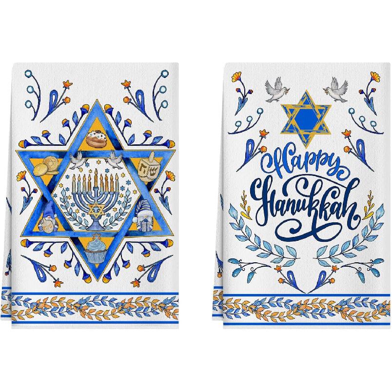XCHI Happy Hanukkah Six-Pointed Star Olive Leaf Chanukah Menorah Kitchen Towels Dish Towels 18x26 Inch Home Kitchen Decorations Hand Towels Set of 2