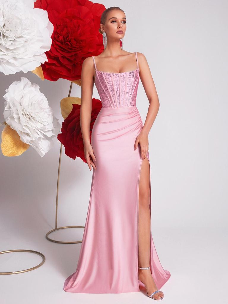 2026 Frühling Rosa Strass-Spaghettiträger Meerjungfrauen-Abendkleid