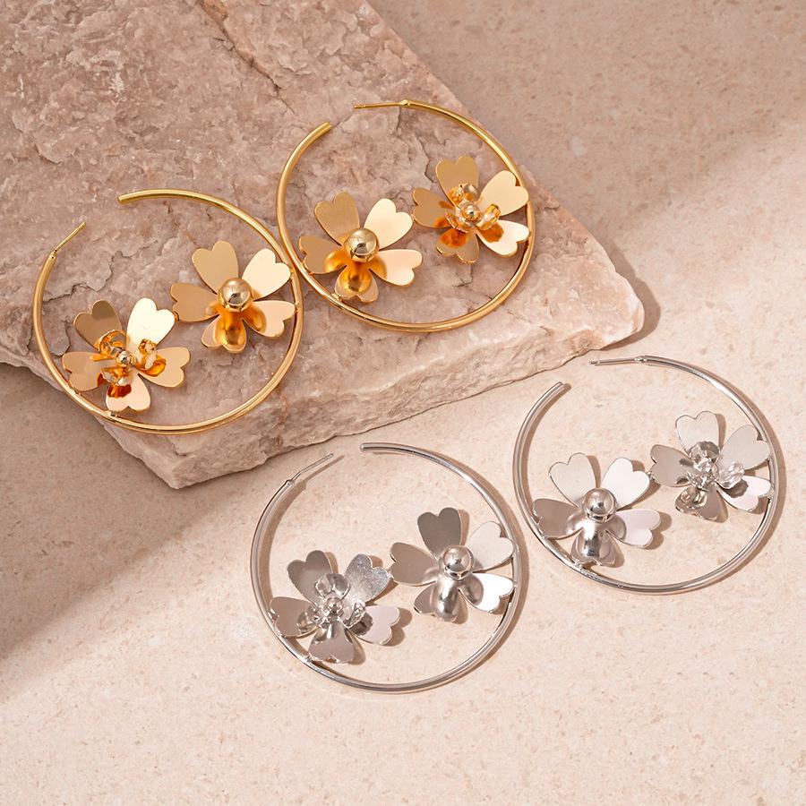 

Geometric Metallic Flower Hoop Earrings - Sterling Silver, Elegant Design for Women