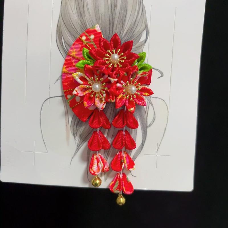 Japansk Kimono Huvudbonad Forntida Stil Handgjord Blomma Hårklämma Tyg Söt Tofs Blomma Hårnål