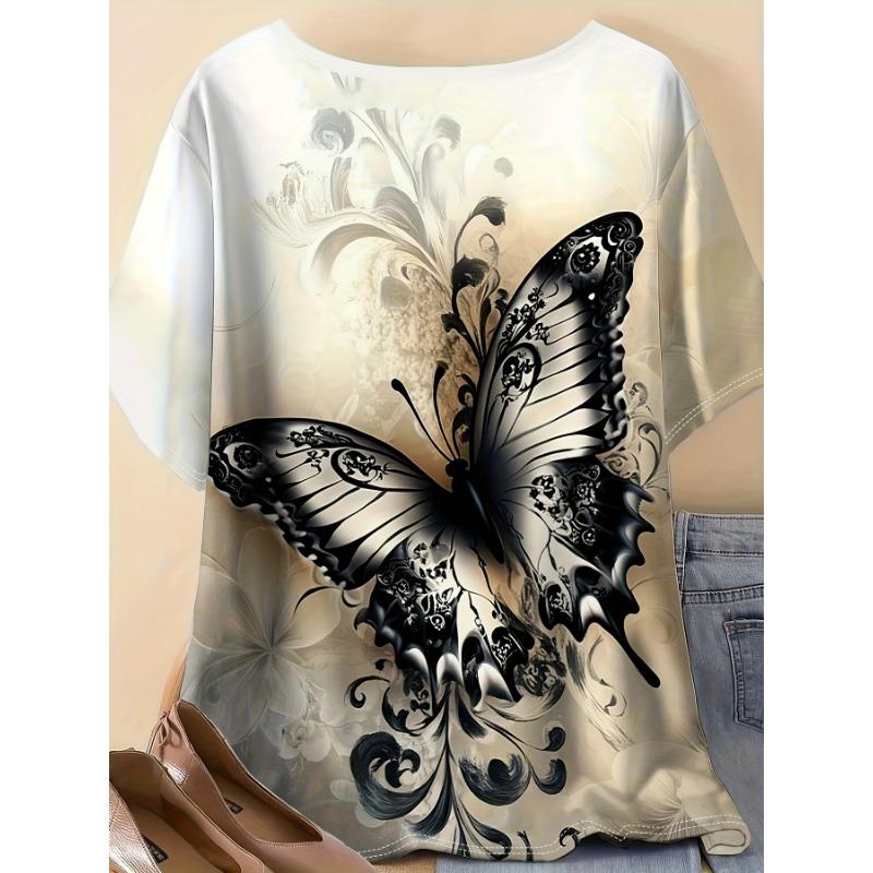 Women s Butterfly Print Short Sleeve T-Shirt - Elegant and Casual Crew Neck Top S