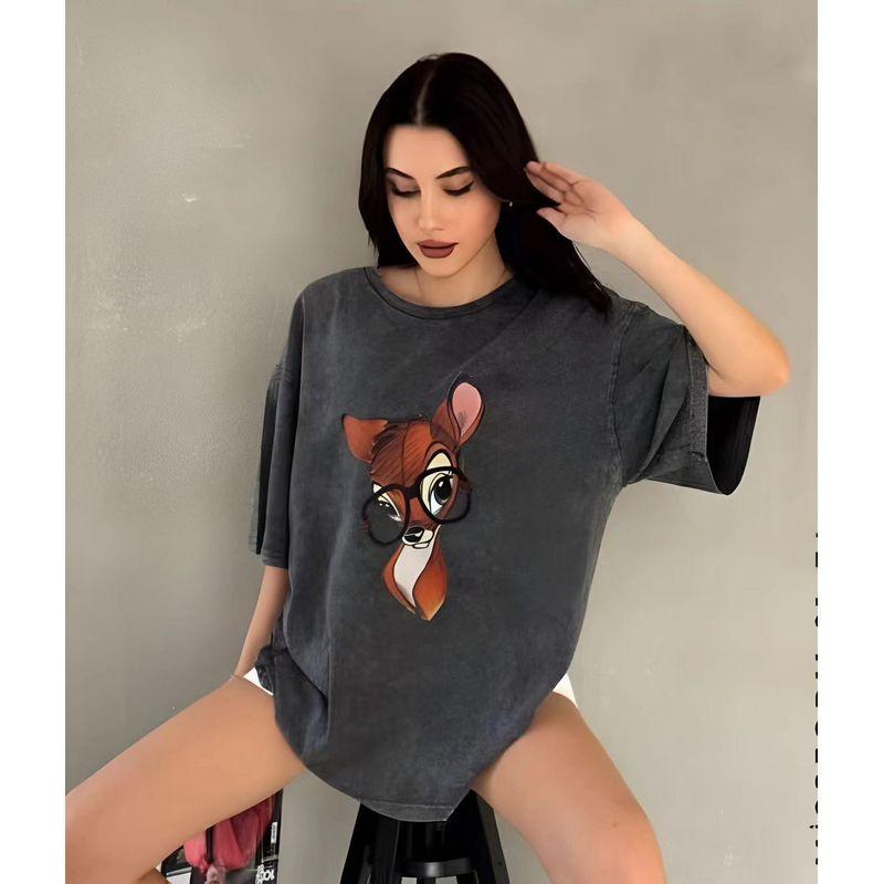 Western Style Fashion Washed Old Loose Print Short Sleeve T-shirt Top Printed Cotton T-shirt