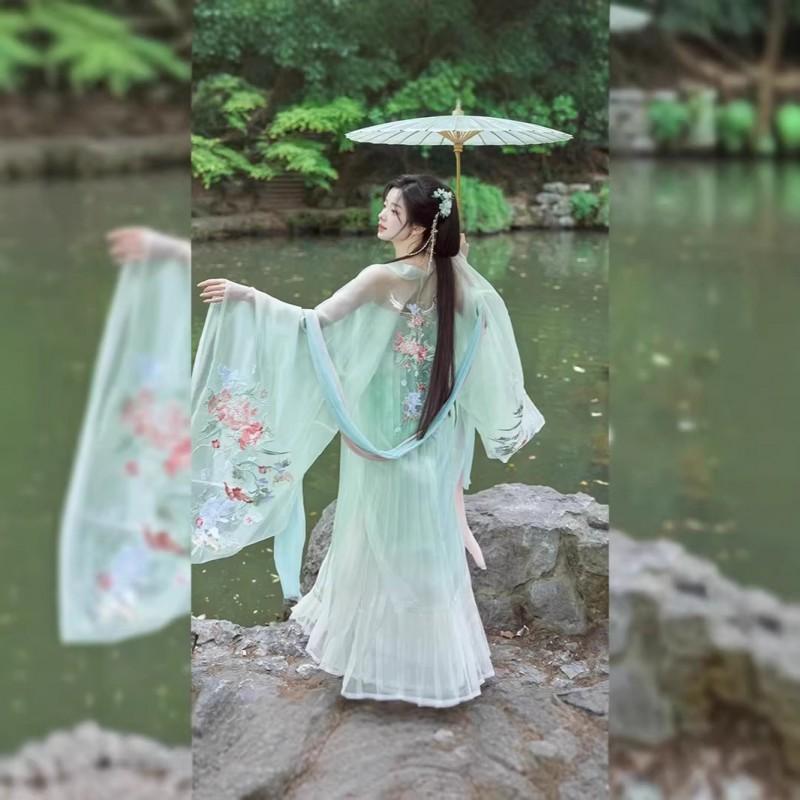 Tang Dynasty Style Hanfu Set With Embroidered Peony Motif Wide Sleeve Top High-Waist Skirt Women