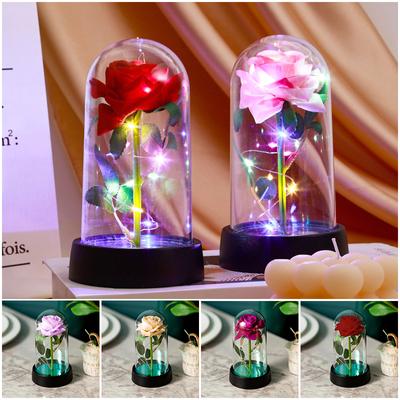 Künstliche Blumen LED Rote Rose Kreative Rose in Glasabdeckung mit Ständer Leuchtendes Blumenornament Muttertag Weihnachtsgeschenke