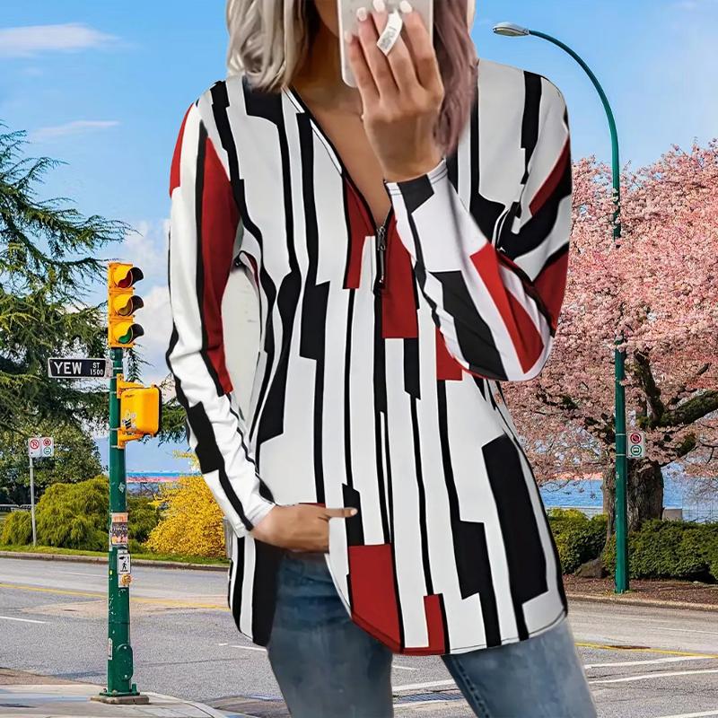 

Женские осенние полосатые цветные принтованные футболки с длинным рукавом, свободные футболки с V-образным вырезом больших размеров, удобные блузки 5XL красный
