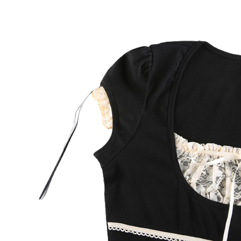 Damen Freizeitshirt, Patchwork Spitze Plissee Brust U-Ausschnitt Kurzarm T-Shirt Sommer Tee für Damen