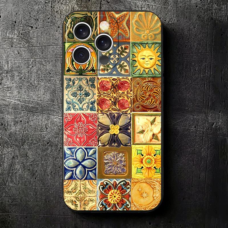 Italian Sicilian Style Floral Pattern Soft Phone Case for iPhone 16 16E 17 Air 15 Pro Max 14 Plus 13 Mini 11 12 7 Black Cover Ba