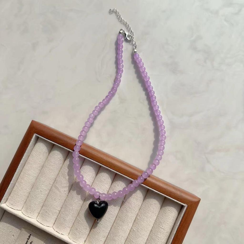 Candy Color Beaded Necklace Niche Design Fashion and Versatile Heart-shaped Necklace Women Girls Sweet Collarbone Chain Jewelry